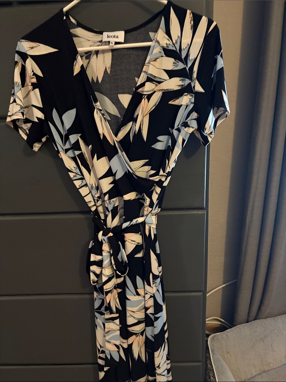 Leota Black Wrap Midi Dress with Pale Blue & Cream Leaf Print